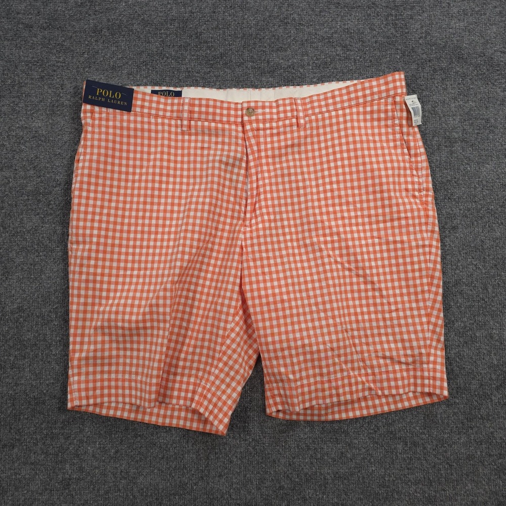 Polo Ralph Lauren Shorts Mens 42 Orange Gingham Chino 9in Cotton Casual Prep NEW